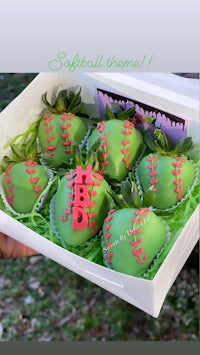 softball themed strawberries in a box